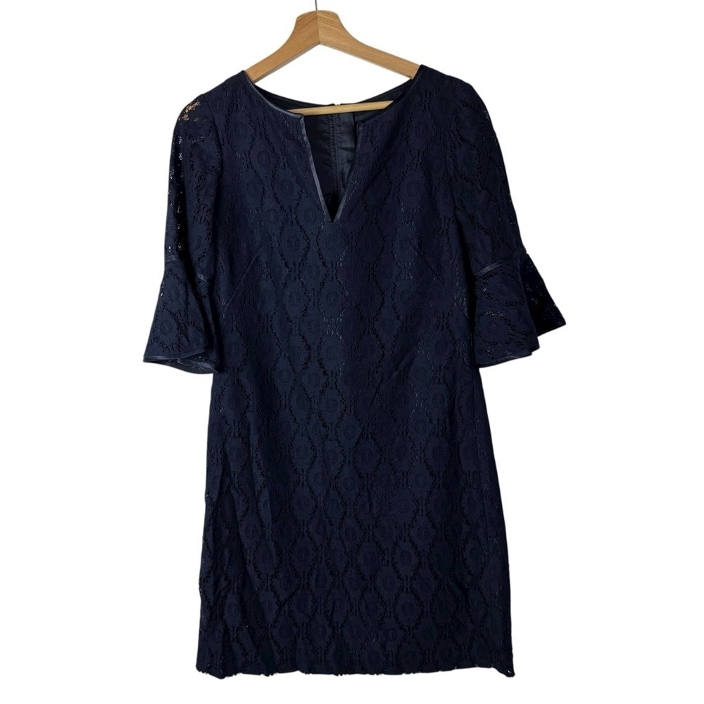 Adrianna Papell Navy Blue Lace Overlay Bell Sleeve Shift Dress 4